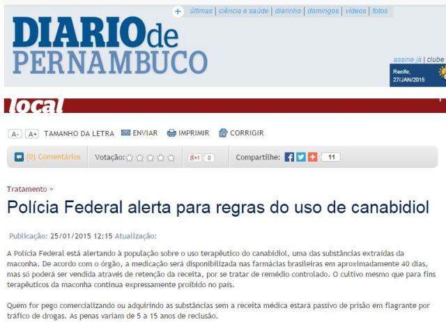 Reprodução da notícia do Diário de Pernambuco  com informação falsa.
